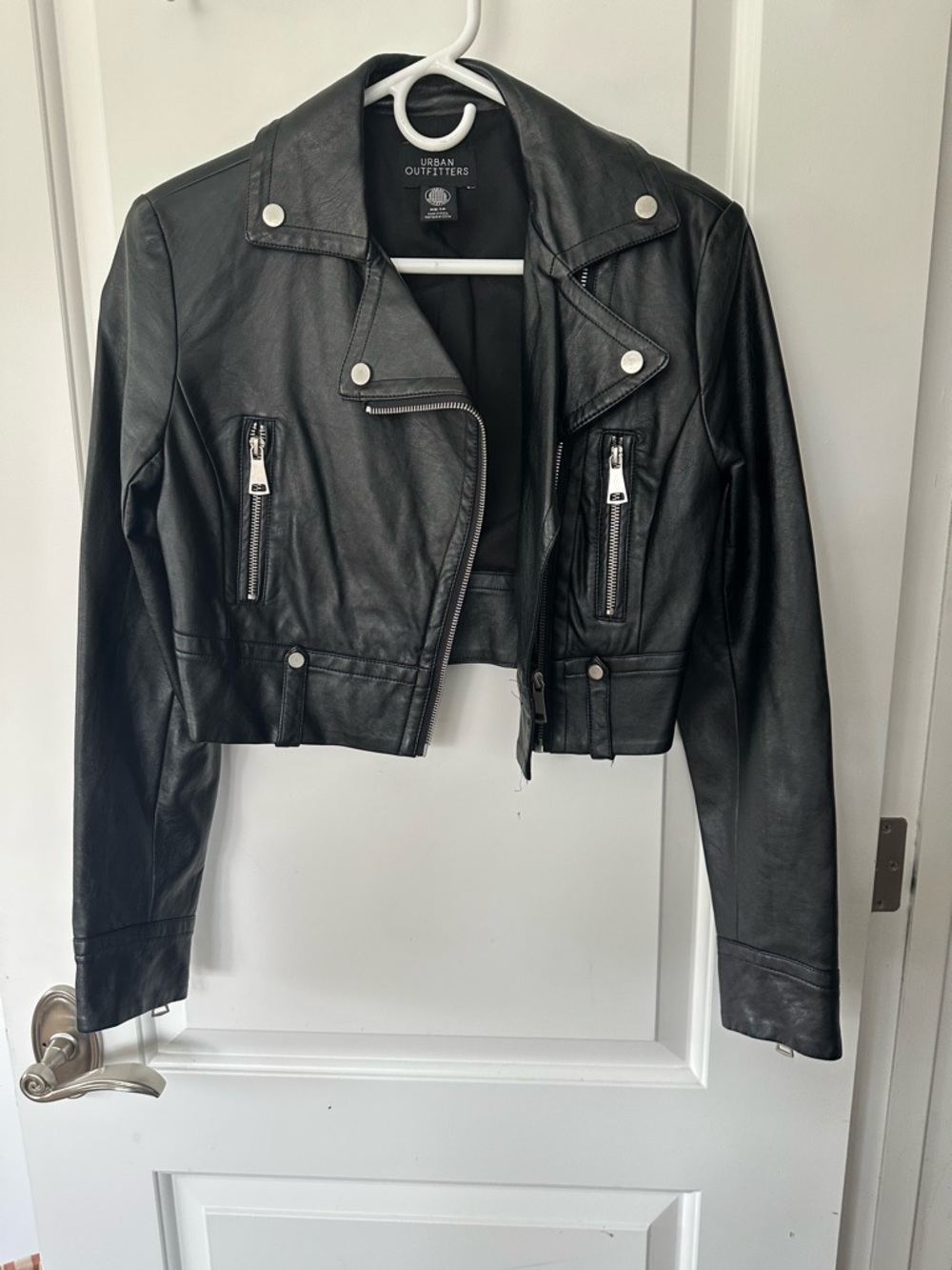 Urban Outfitters Black Cropped Faux Leather Moto Jacket with Zip Pockets